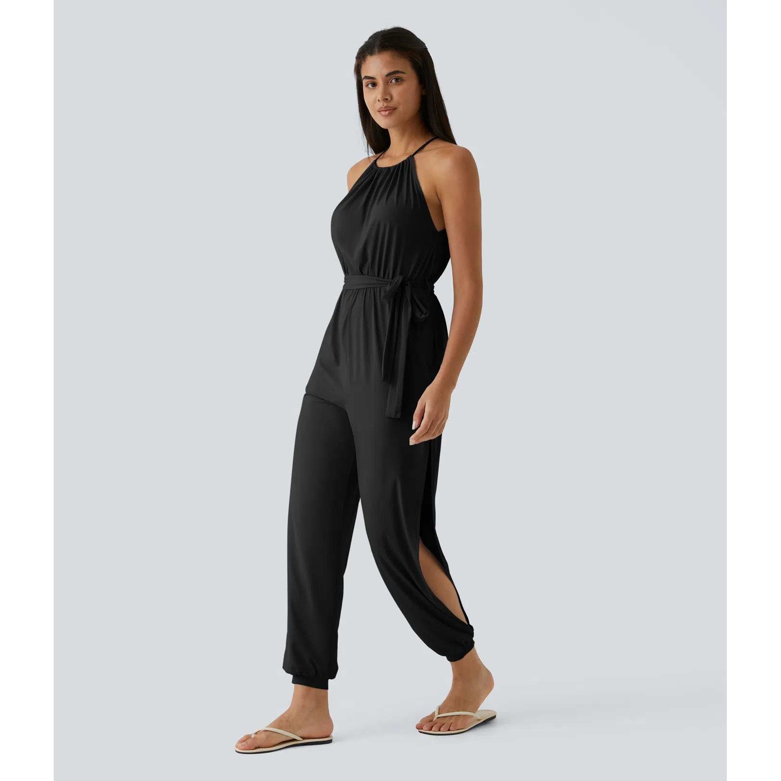 Halara Cut Out Cool Touch Jumpsuit Upf50+ Womens Large Black Halter Sleeveless
